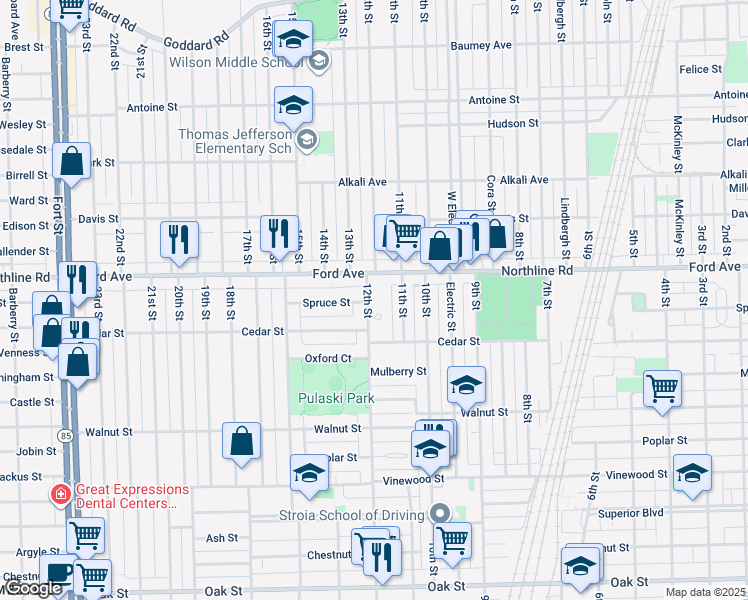 map of restaurants, bars, coffee shops, grocery stores, and more near 2049 12th Street in Wyandotte