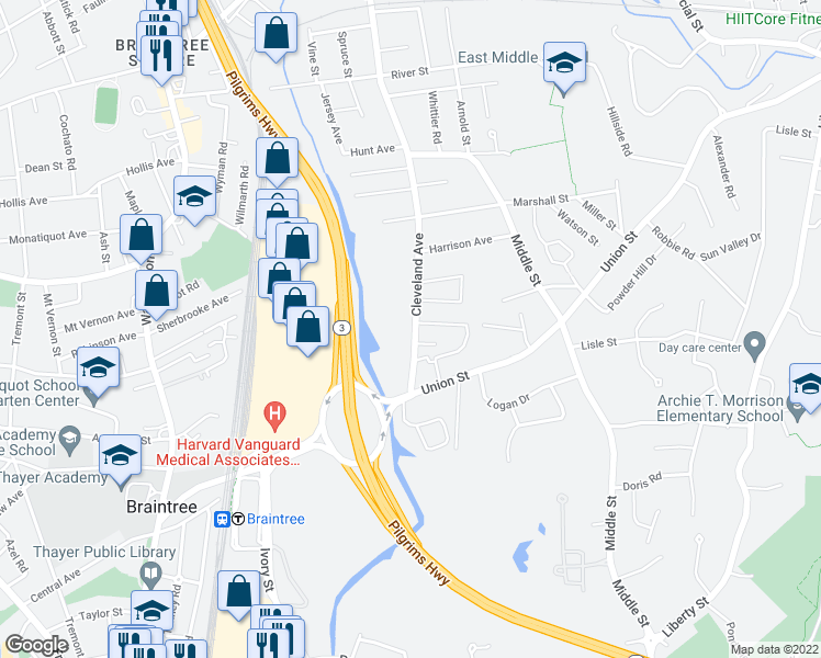 map of restaurants, bars, coffee shops, grocery stores, and more near 141 Cleveland Avenue in Braintree