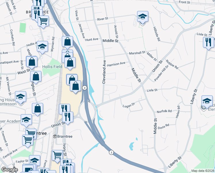 map of restaurants, bars, coffee shops, grocery stores, and more near 9 Bradley Road in Braintree