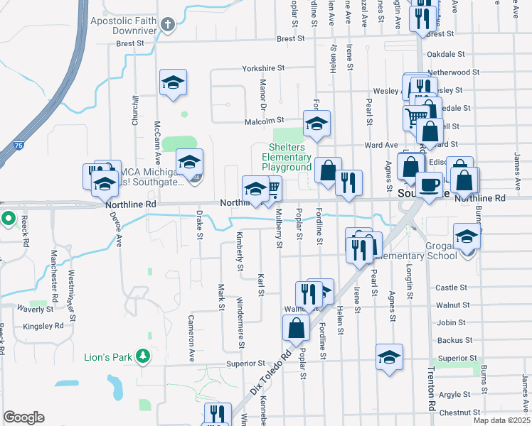 map of restaurants, bars, coffee shops, grocery stores, and more near 14657 Northline Road in Southgate