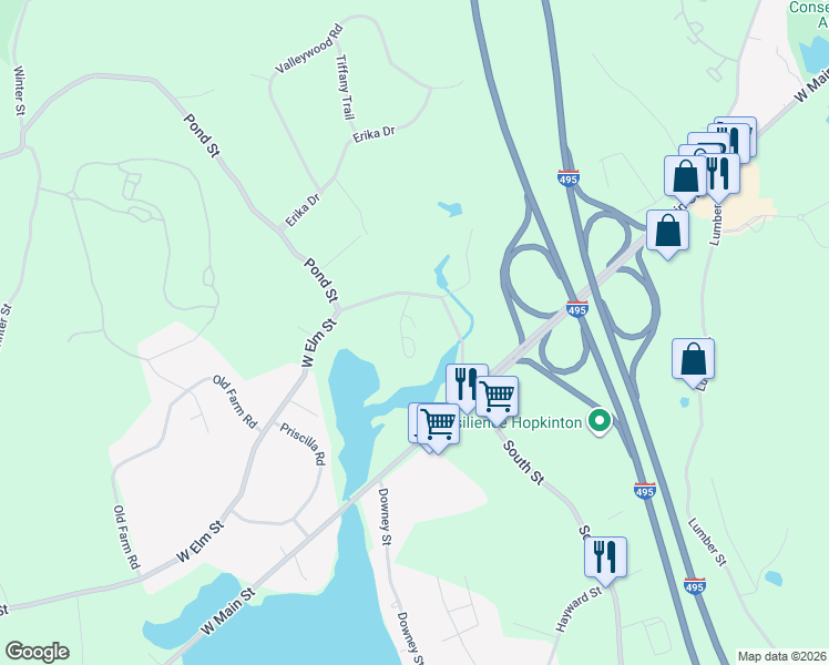 map of restaurants, bars, coffee shops, grocery stores, and more near 8 North Pond Way in Hopkinton