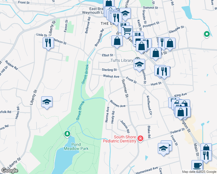 map of restaurants, bars, coffee shops, grocery stores, and more near 37 Thayer Avenue in Weymouth