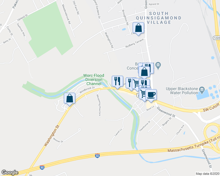 map of restaurants, bars, coffee shops, grocery stores, and more near 49 Washington Street in Auburn