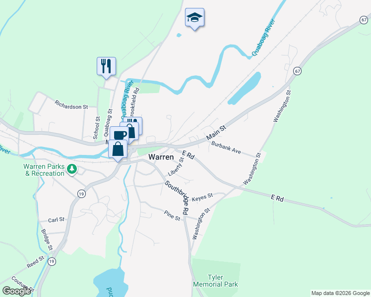 map of restaurants, bars, coffee shops, grocery stores, and more near 829 Massachusetts 19 in West Brookfield