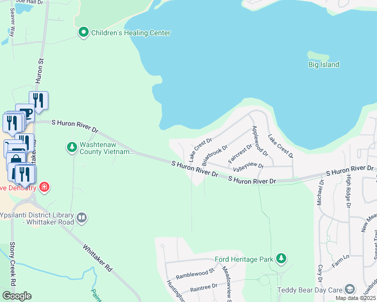 map of restaurants, bars, coffee shops, grocery stores, and more near 7812 Lake Crest Drive in Ypsilanti
