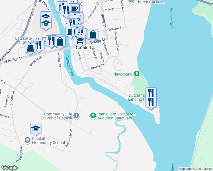 map of restaurants, bars, coffee shops, grocery stores, and more near 5 Marina Drive in Catskill