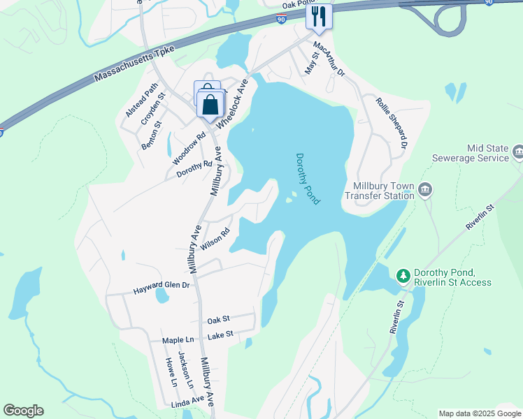 map of restaurants, bars, coffee shops, grocery stores, and more near 32A B Manor Road in Millbury