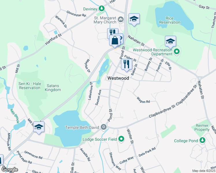 map of restaurants, bars, coffee shops, grocery stores, and more near 167 Pond Street in Westwood