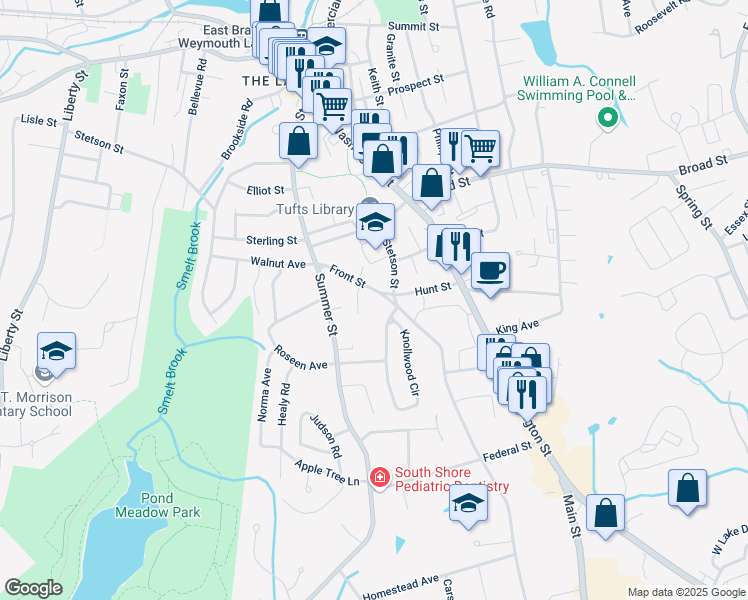 map of restaurants, bars, coffee shops, grocery stores, and more near 183 Front Street in Weymouth
