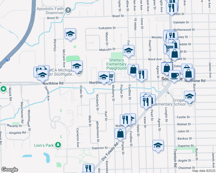 map of restaurants, bars, coffee shops, grocery stores, and more near 14657 Northline Road in Southgate
