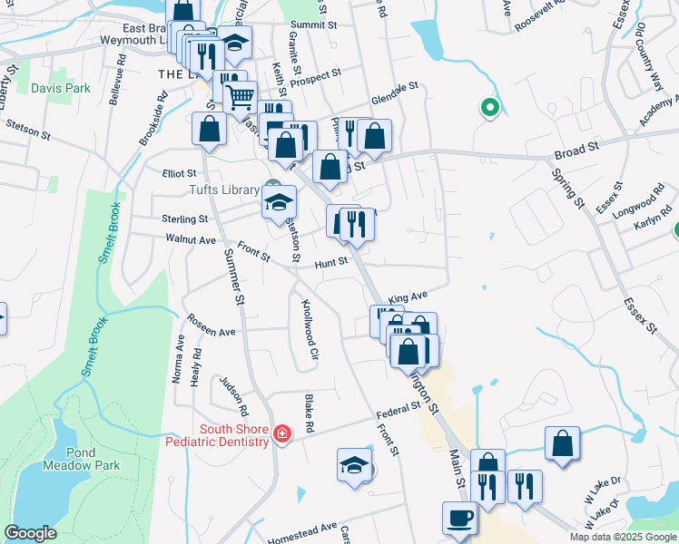map of restaurants, bars, coffee shops, grocery stores, and more near 20 Hunt Street in Weymouth