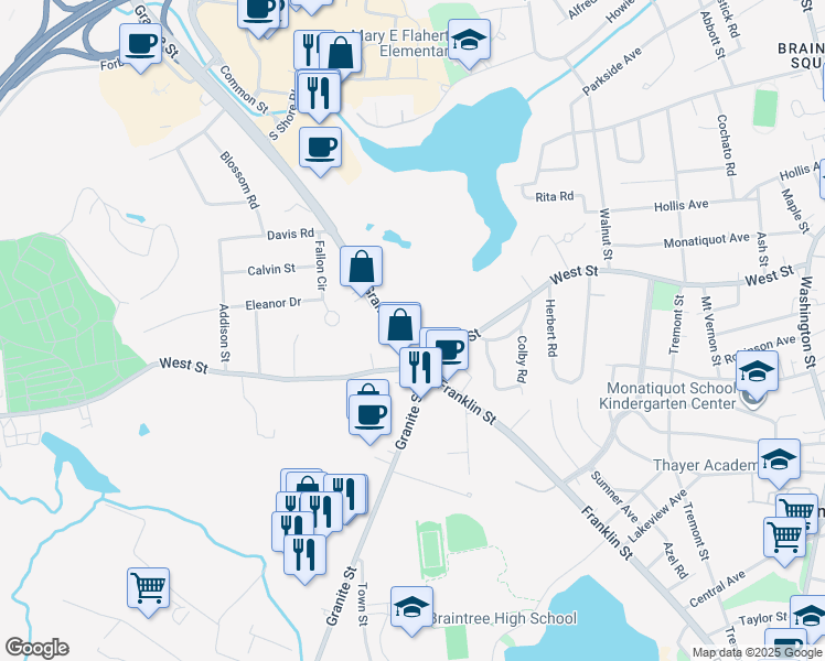 map of restaurants, bars, coffee shops, grocery stores, and more near 519 Granite Street in Braintree