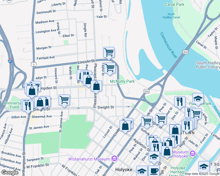 map of restaurants, bars, coffee shops, grocery stores, and more near 7 Miller Avenue in Holyoke