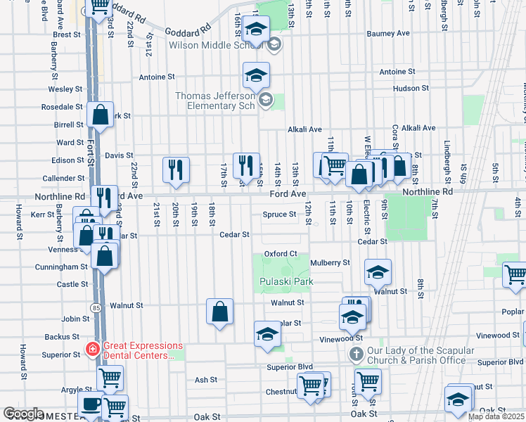 map of restaurants, bars, coffee shops, grocery stores, and more near 1346 Spruce Street in Wyandotte
