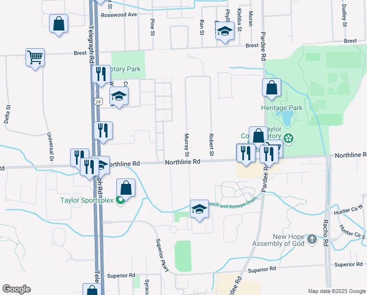 map of restaurants, bars, coffee shops, grocery stores, and more near 12942 Murray Street in Taylor