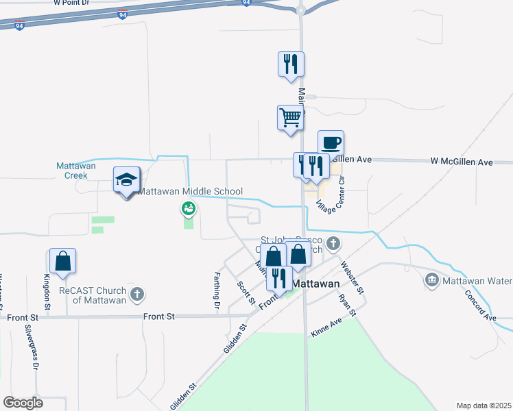 map of restaurants, bars, coffee shops, grocery stores, and more near 24434 Lawernce Street in Mattawan