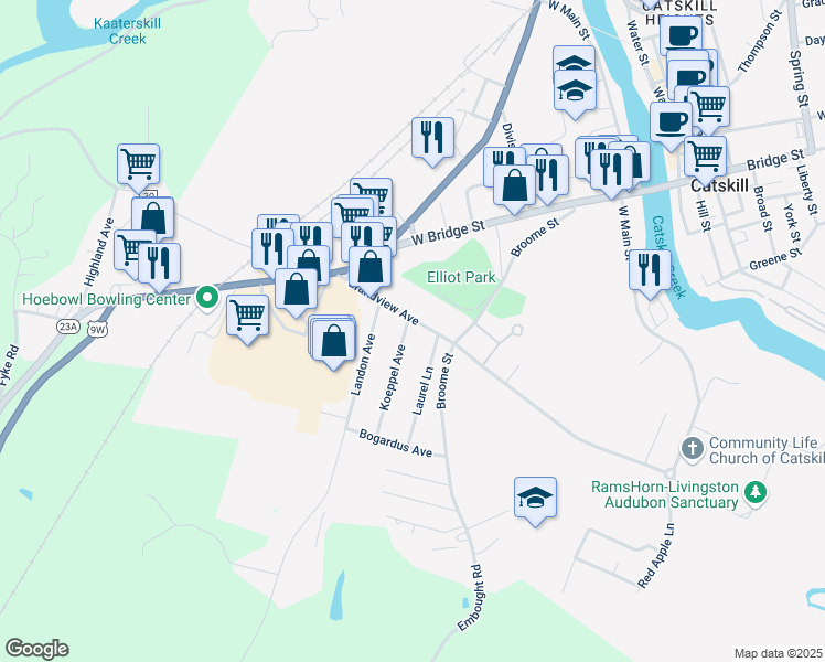map of restaurants, bars, coffee shops, grocery stores, and more near 5 Koeppel Ave in Catskill
