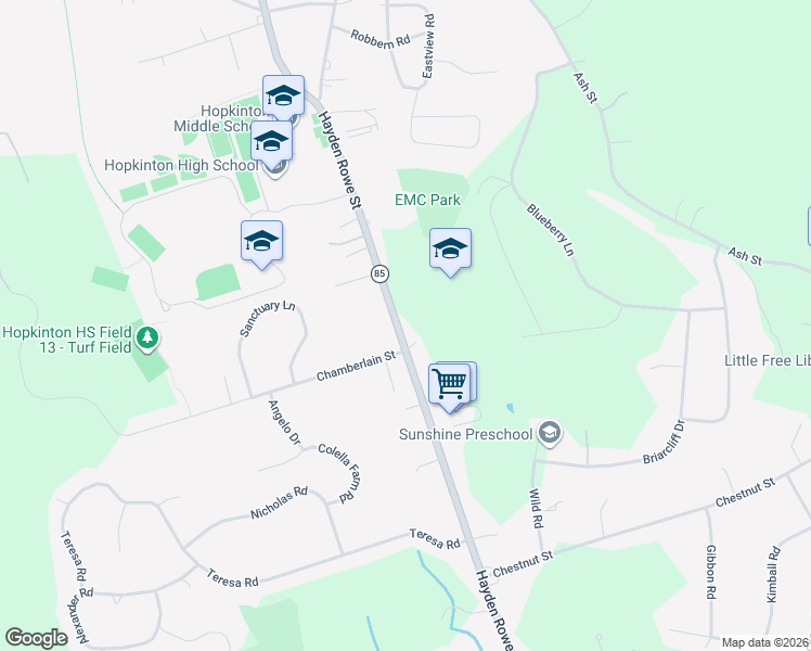 map of restaurants, bars, coffee shops, grocery stores, and more near 129 Hayden Rowe Street in Hopkinton