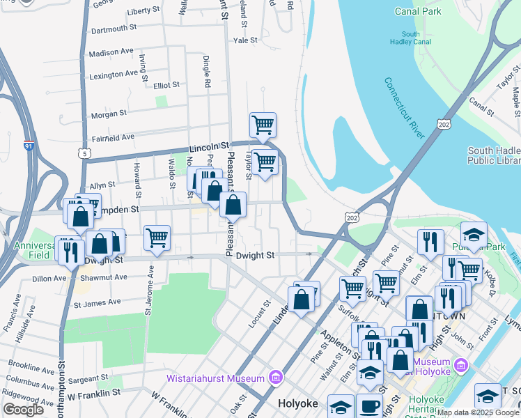 map of restaurants, bars, coffee shops, grocery stores, and more near 39 O'Connor Avenue in Holyoke