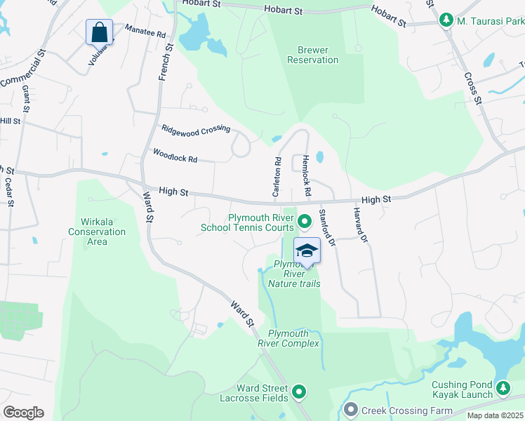 map of restaurants, bars, coffee shops, grocery stores, and more near 222 High Street in Hingham