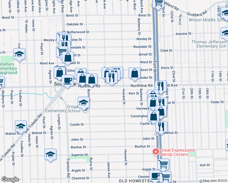 map of restaurants, bars, coffee shops, grocery stores, and more near 13312 Kerr Street in Southgate