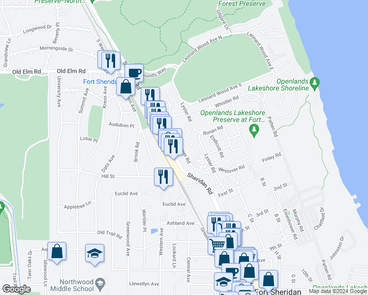 map of restaurants, bars, coffee shops, grocery stores, and more near 93 Westover Road in Highwood