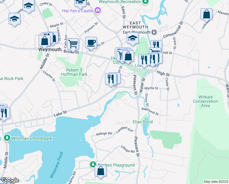 map of restaurants, bars, coffee shops, grocery stores, and more near 26 Lake Street in Weymouth