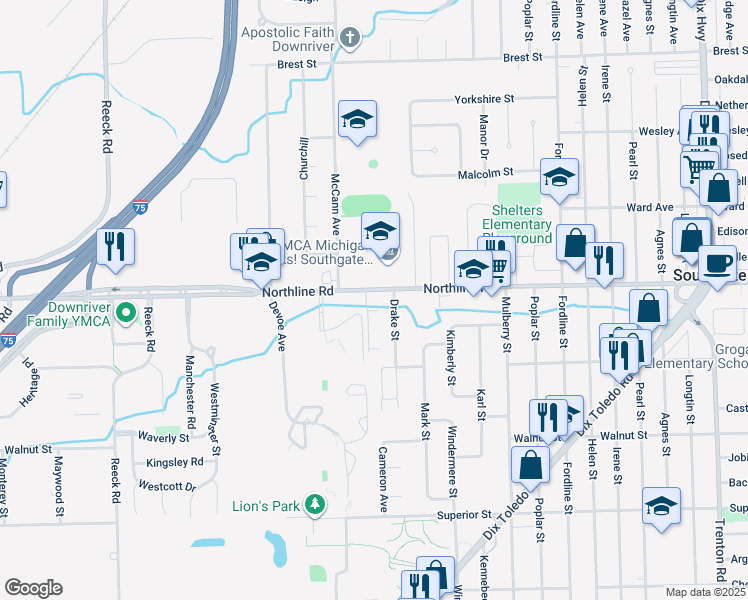 map of restaurants, bars, coffee shops, grocery stores, and more near 15265 Northline Road in Southgate