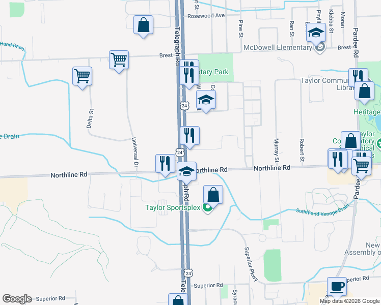map of restaurants, bars, coffee shops, grocery stores, and more near 12831 Telegraph Road in Taylor