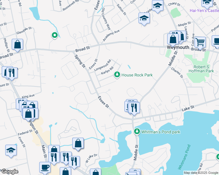 map of restaurants, bars, coffee shops, grocery stores, and more near 8 Sundin Circle in Weymouth