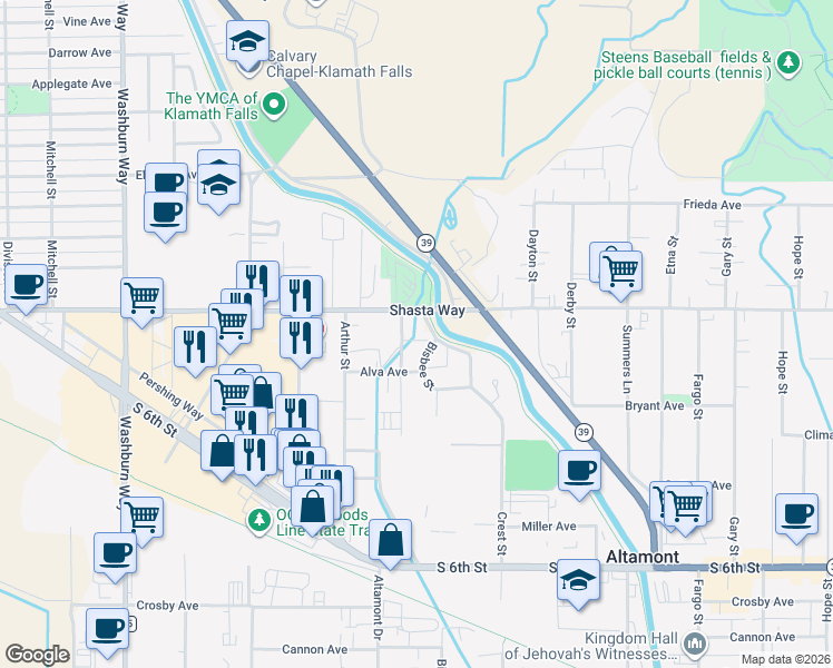 map of restaurants, bars, coffee shops, grocery stores, and more near 1706 Crest Street in Klamath Falls
