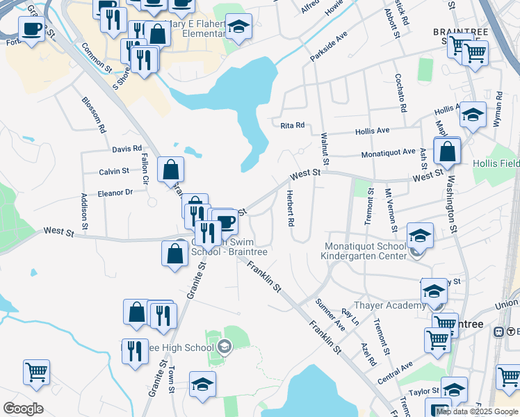 map of restaurants, bars, coffee shops, grocery stores, and more near 34 Ellsmore Terrace in Braintree