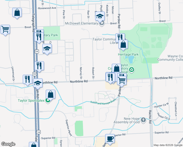 map of restaurants, bars, coffee shops, grocery stores, and more near 12948 Robert Street in Taylor