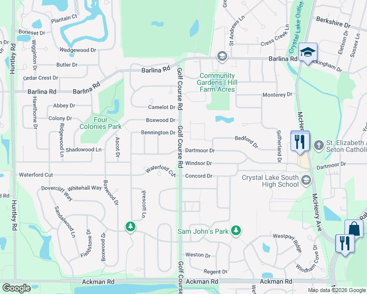 map of restaurants, bars, coffee shops, grocery stores, and more near 826 Dartmoor Drive in Crystal Lake