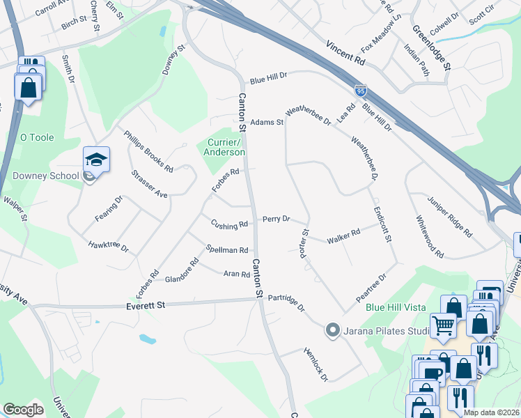 map of restaurants, bars, coffee shops, grocery stores, and more near 324 Canton Street in Westwood