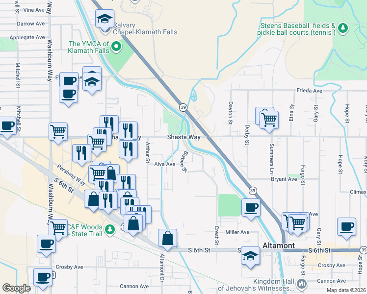 map of restaurants, bars, coffee shops, grocery stores, and more near 1710 Crest Street in Klamath Falls