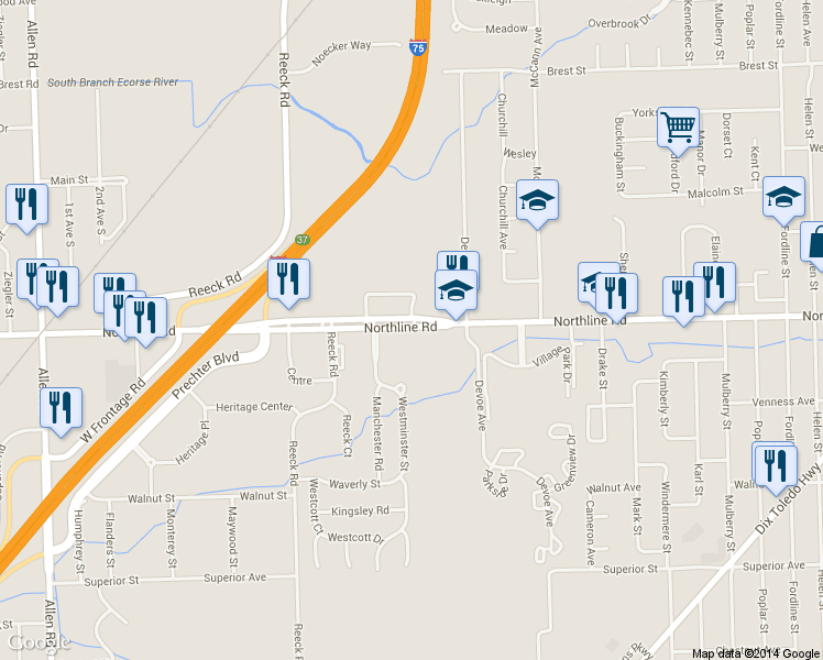 map of restaurants, bars, coffee shops, grocery stores, and more near 15675 Northline Rd in Southgate