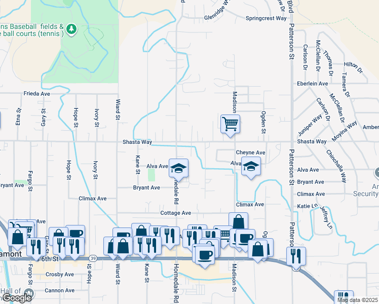 map of restaurants, bars, coffee shops, grocery stores, and more near 5426 Shasta Way in Klamath Falls