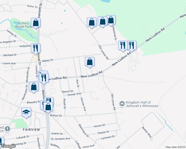 map of restaurants, bars, coffee shops, grocery stores, and more near 417 New Ludlow Road in Chicopee