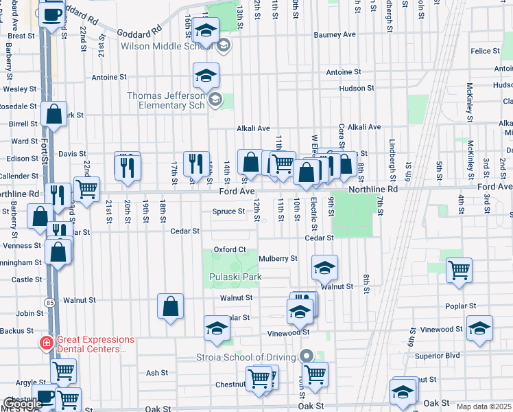 map of restaurants, bars, coffee shops, grocery stores, and more near 2049 12th Street in Wyandotte