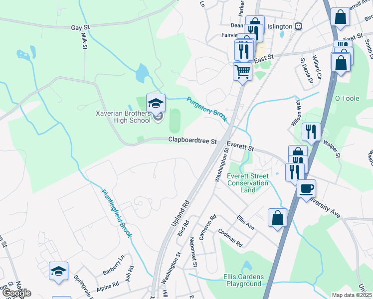 map of restaurants, bars, coffee shops, grocery stores, and more near 40 Clapboardtree Street in Norwood