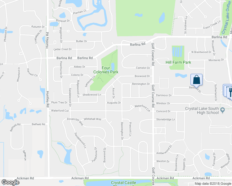 map of restaurants, bars, coffee shops, grocery stores, and more near 1011 Ascot Drive in Crystal Lake
