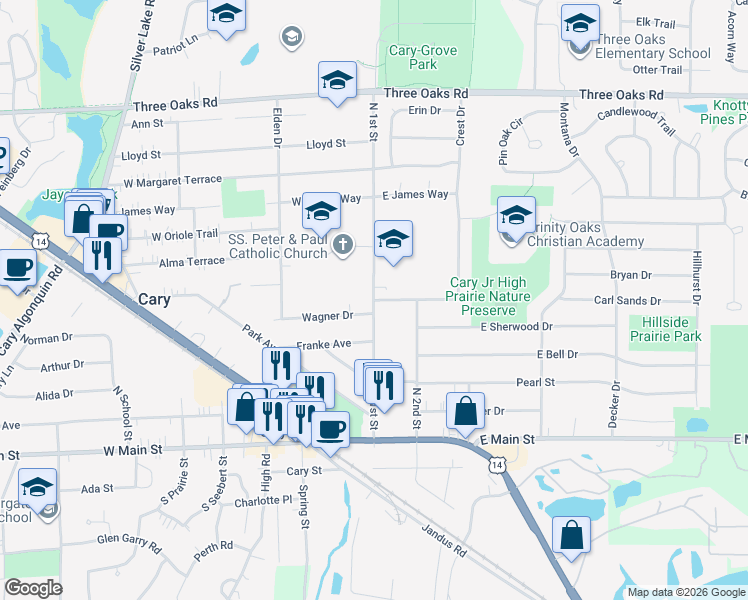map of restaurants, bars, coffee shops, grocery stores, and more near 1 Sunset Drive in Cary