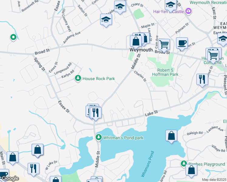 map of restaurants, bars, coffee shops, grocery stores, and more near 303 Middle Street in Weymouth