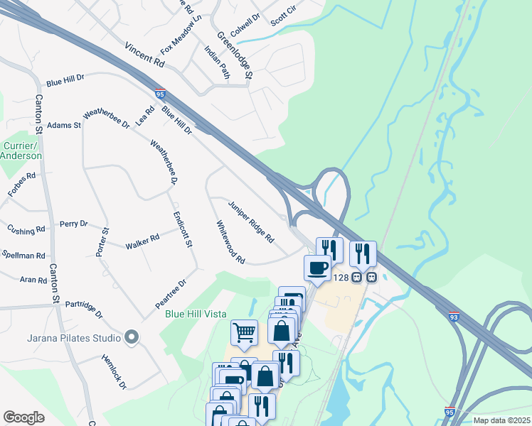 map of restaurants, bars, coffee shops, grocery stores, and more near 365 Blue Hill Drive in Westwood
