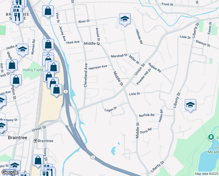 map of restaurants, bars, coffee shops, grocery stores, and more near 77 Bradley Road Extension in Braintree