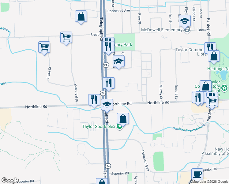 map of restaurants, bars, coffee shops, grocery stores, and more near 12831 Telegraph Road in Taylor