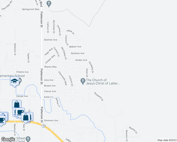 map of restaurants, bars, coffee shops, grocery stores, and more near 1723 Dawn Drive in Klamath Falls