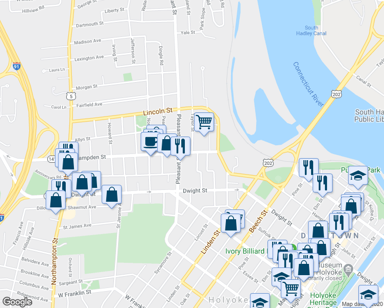 map of restaurants, bars, coffee shops, grocery stores, and more near 760 Hampden Street in Holyoke