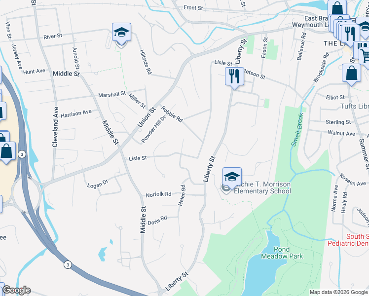 map of restaurants, bars, coffee shops, grocery stores, and more near 92 Louise Road in Braintree